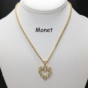 Vintage Monet Rhinestone Heart Necklace Gold Tone Marquise 1970s